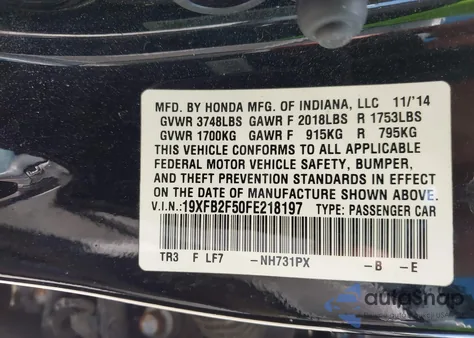 2015 Honda Civic Lx from USA, damaged, VIN 19XFB2F50FE218197